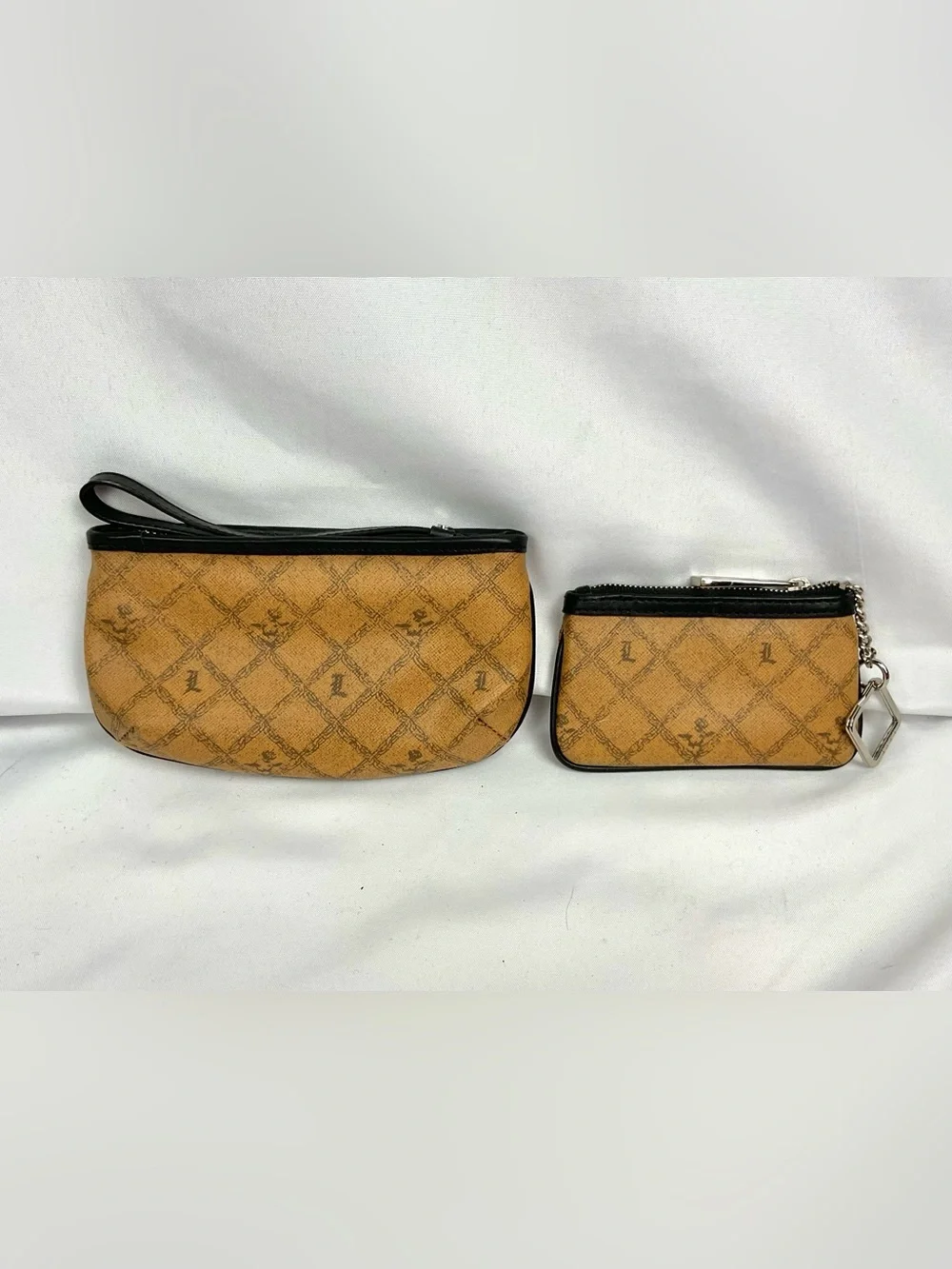 L.A.M.B. Logo Print Set Wristlet Pouch Coin Purse Brown Black NWOT Monogram